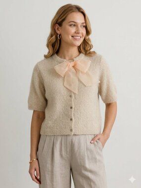Greige Soft Knit Cardigan in Beige with Organza Bow